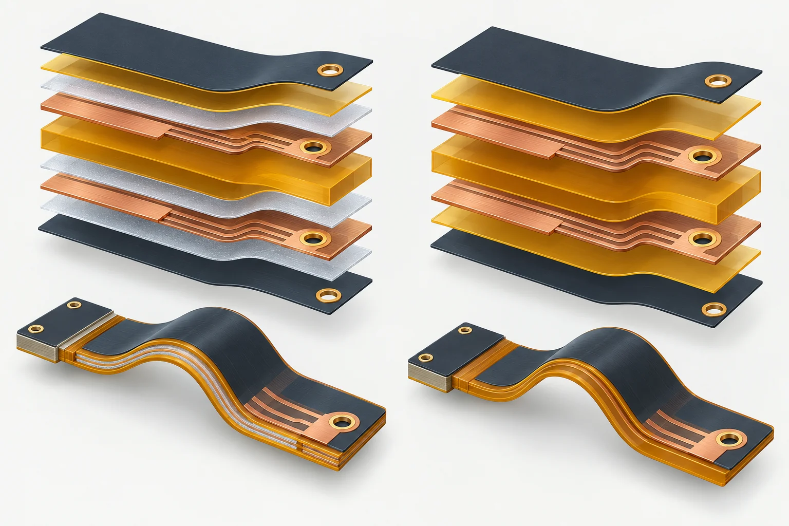 Exploded comparison of adhesive-based and adhesiveless flexible PCB material stacks