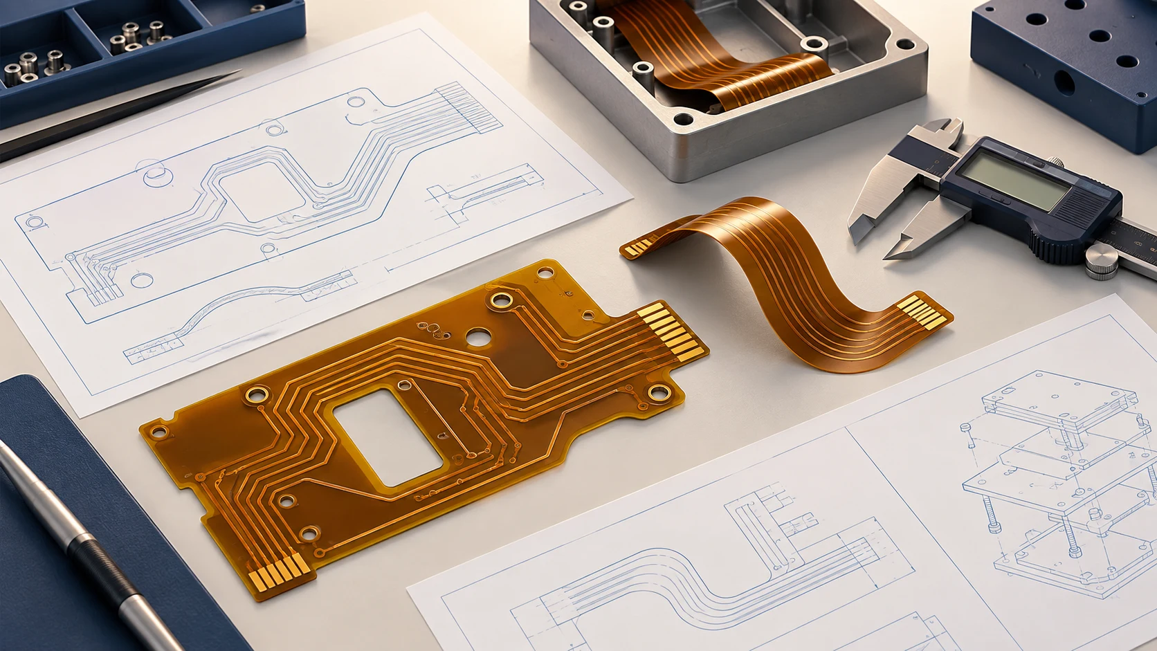 Concept illustration of flexible PCB samples, drawings and calipers for a DFM review