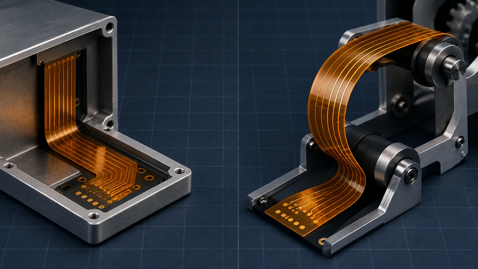 Concept illustration comparing a fixed flex PCB fold with a supported moving loop