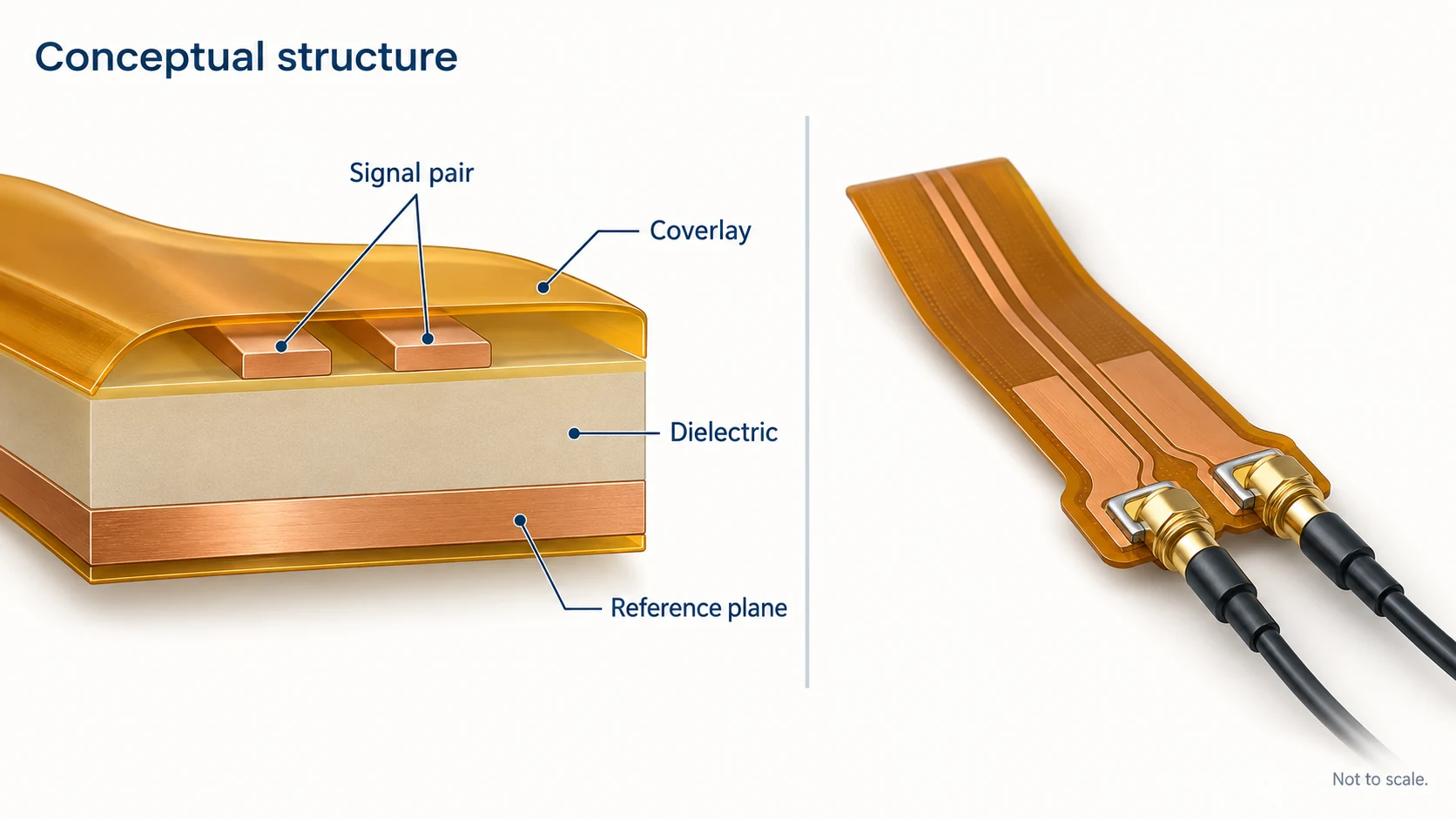 Conceptual flex PCB signal pair, coverlay, dielectric and reference plane with coupon test access