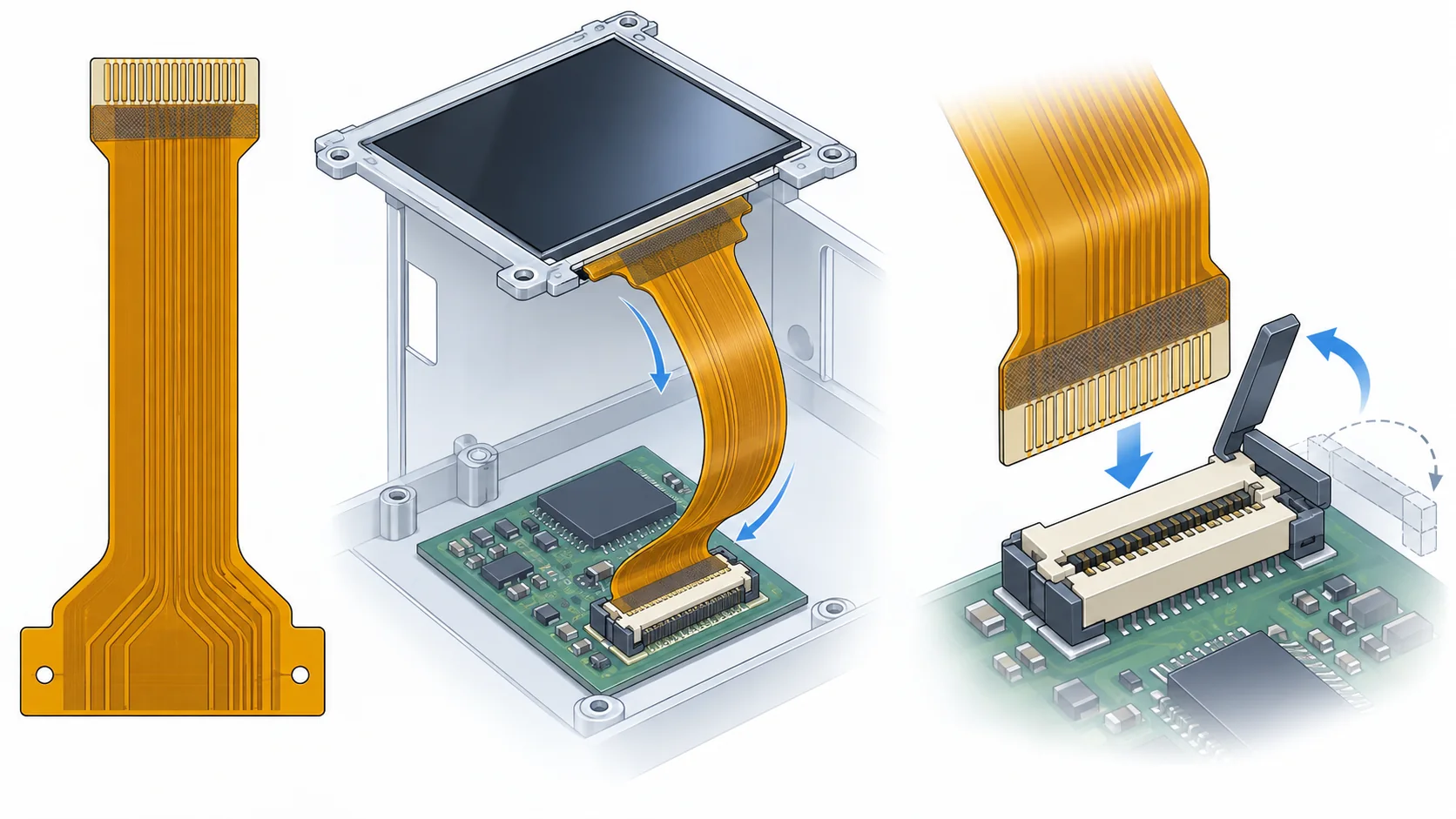Conceptual flat display FPC, installed bend route and reinforced tail insertion into a display connector