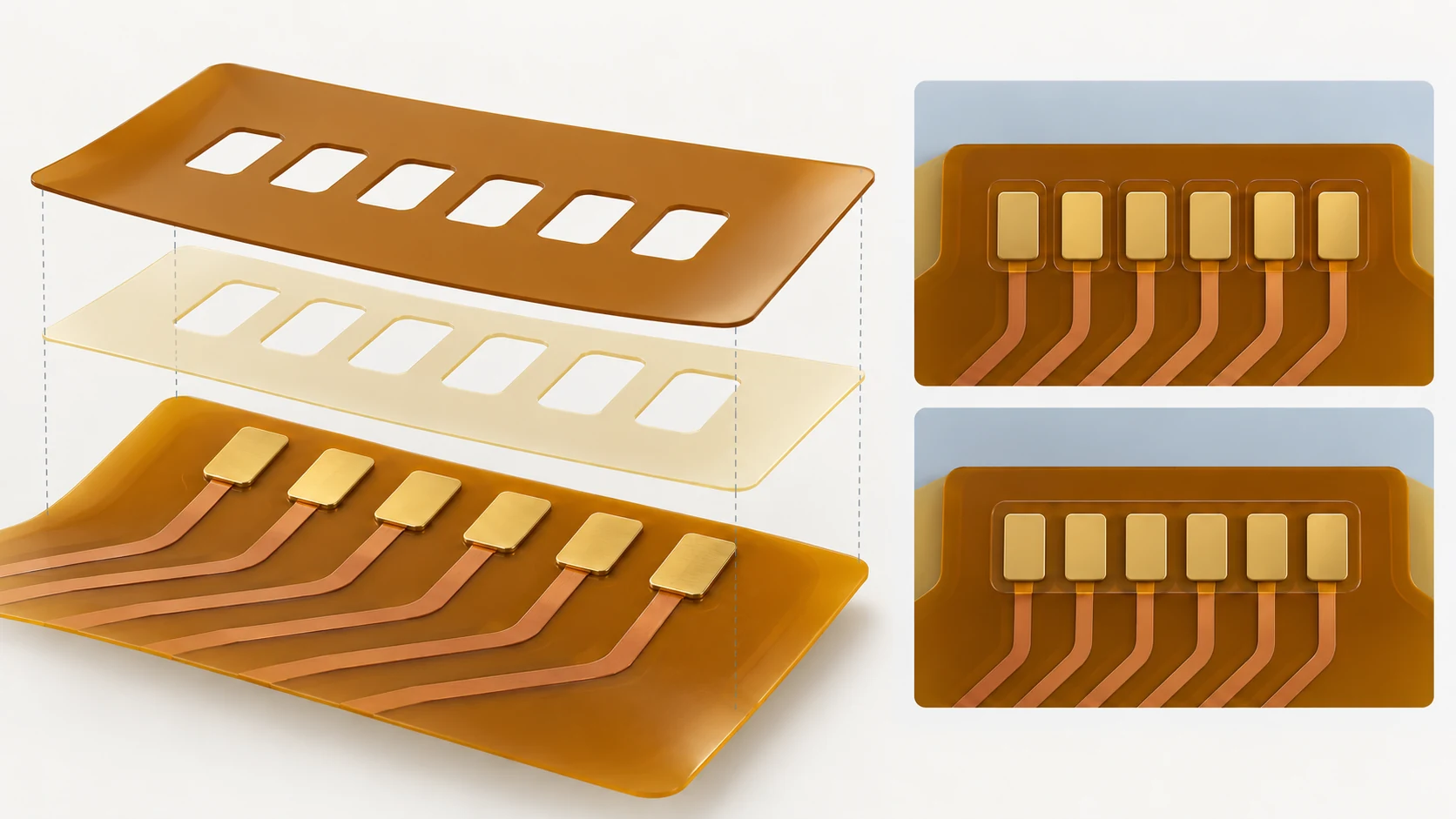 Exploded coverlay film and adhesive with aligned pad openings and individual versus shared windows