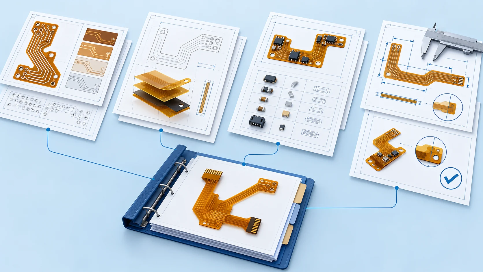 Illustration grouping flexible circuit fabrication, mechanical, assembly and inspection documents into one project package
