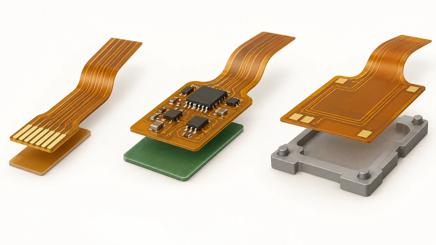 Conceptual exploded view of polyimide and FR4 flex PCB stiffeners with a temporary assembly carrier