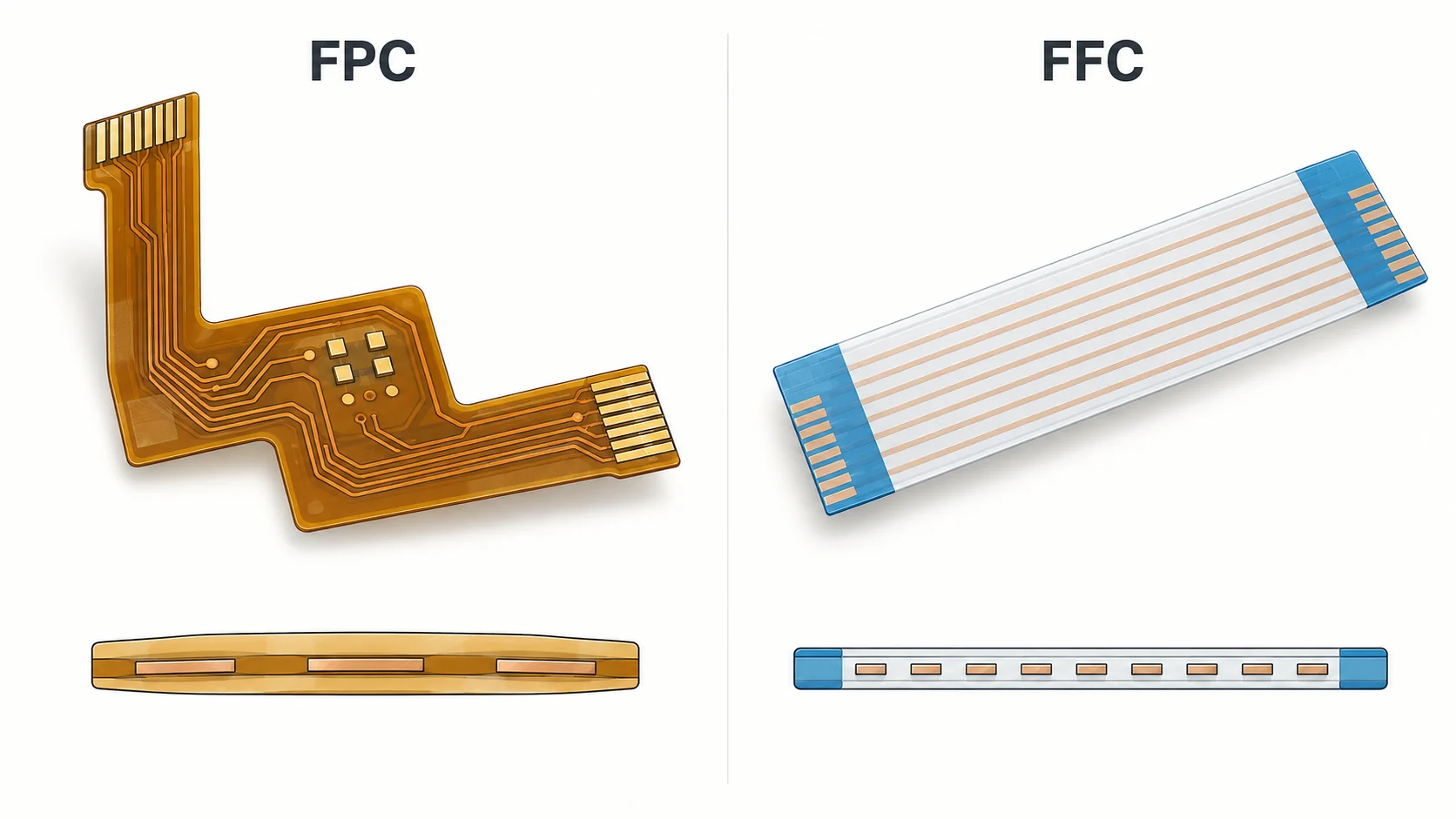 Shaped amber flexible printed circuit beside a straight flat flexible cable with parallel conductors