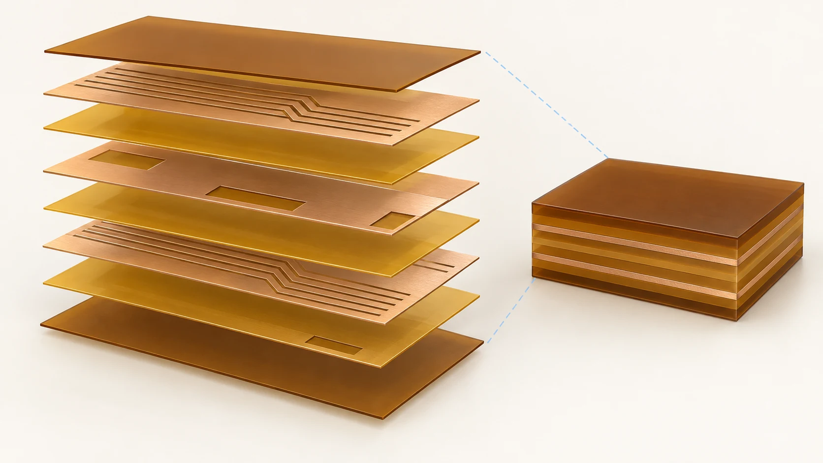 Exploded copper and polyimide layers beside an assembled flex circuit cross-section