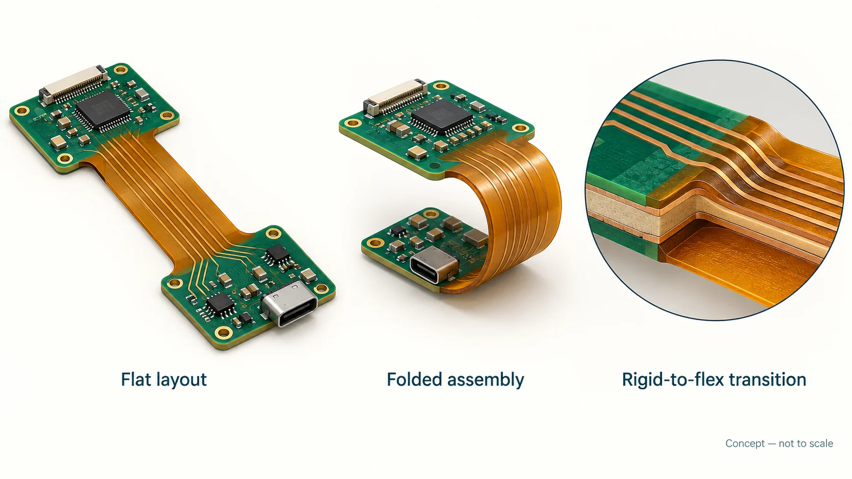 Rigid flex PCB concept showing flat layout, folded assembly and a rigid-to-flex transition
