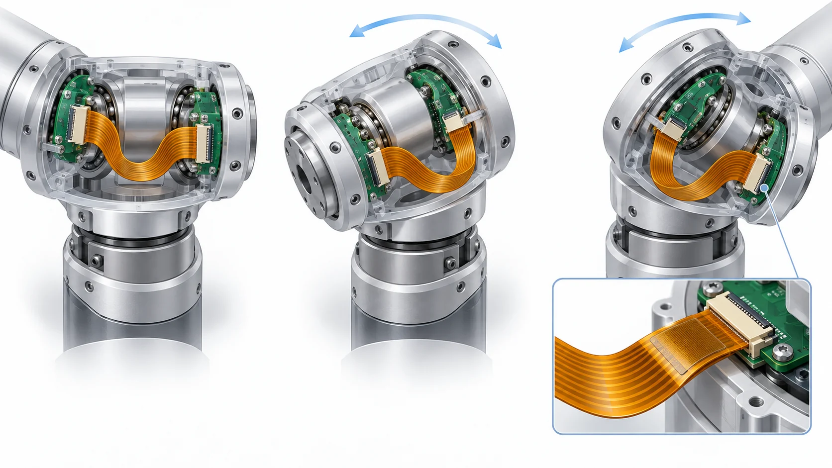 Conceptual robotic wrist views showing flex routing and supported connector tails across different joint positions
