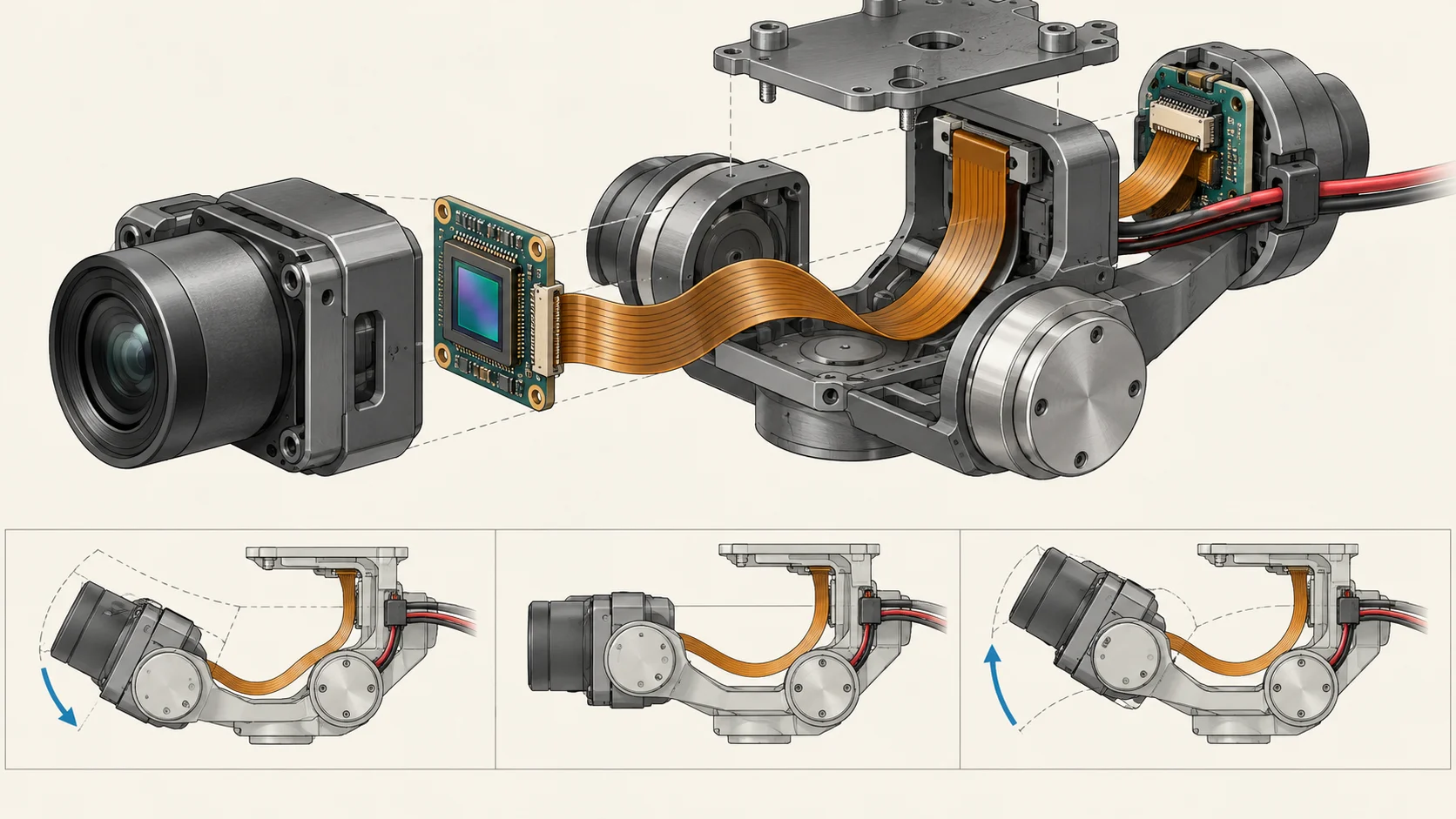 Conceptual camera gimbal assembly showing a flexible circuit route and three limited motion positions